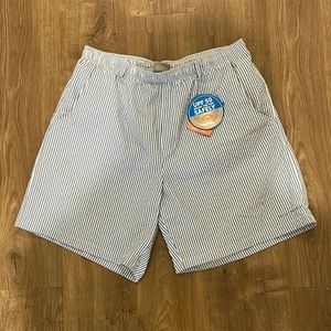 Columbia blue and white seersucker swim trunks